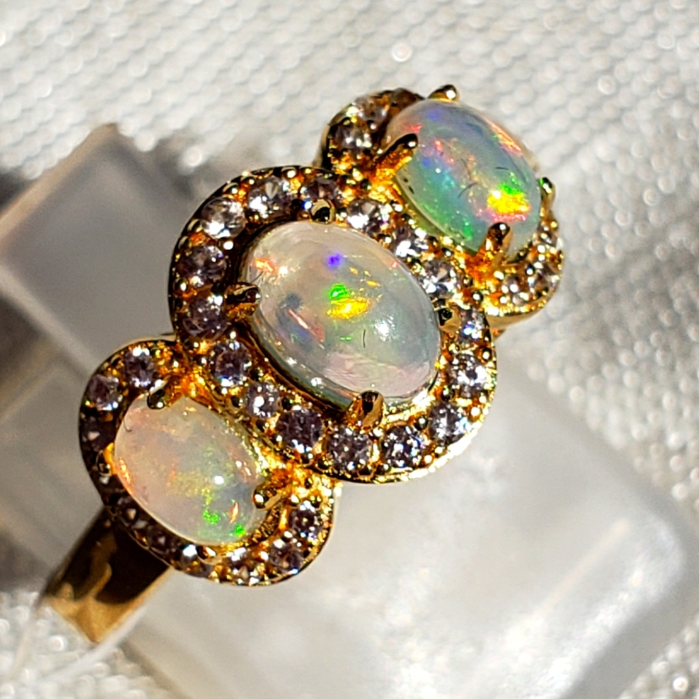 Fiery Ethiopian Welo Opal 18K gold over Sterling Silver Halo ring size 6